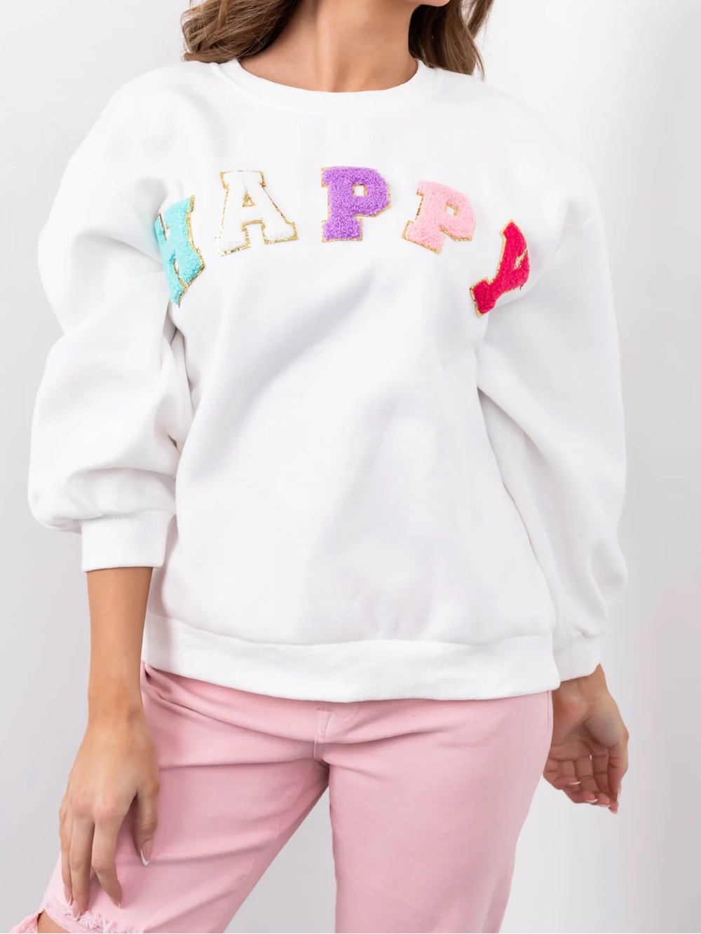 New She+Sky Off White 'Happy' Sherpa Patch Sweatshirt Pullover medium